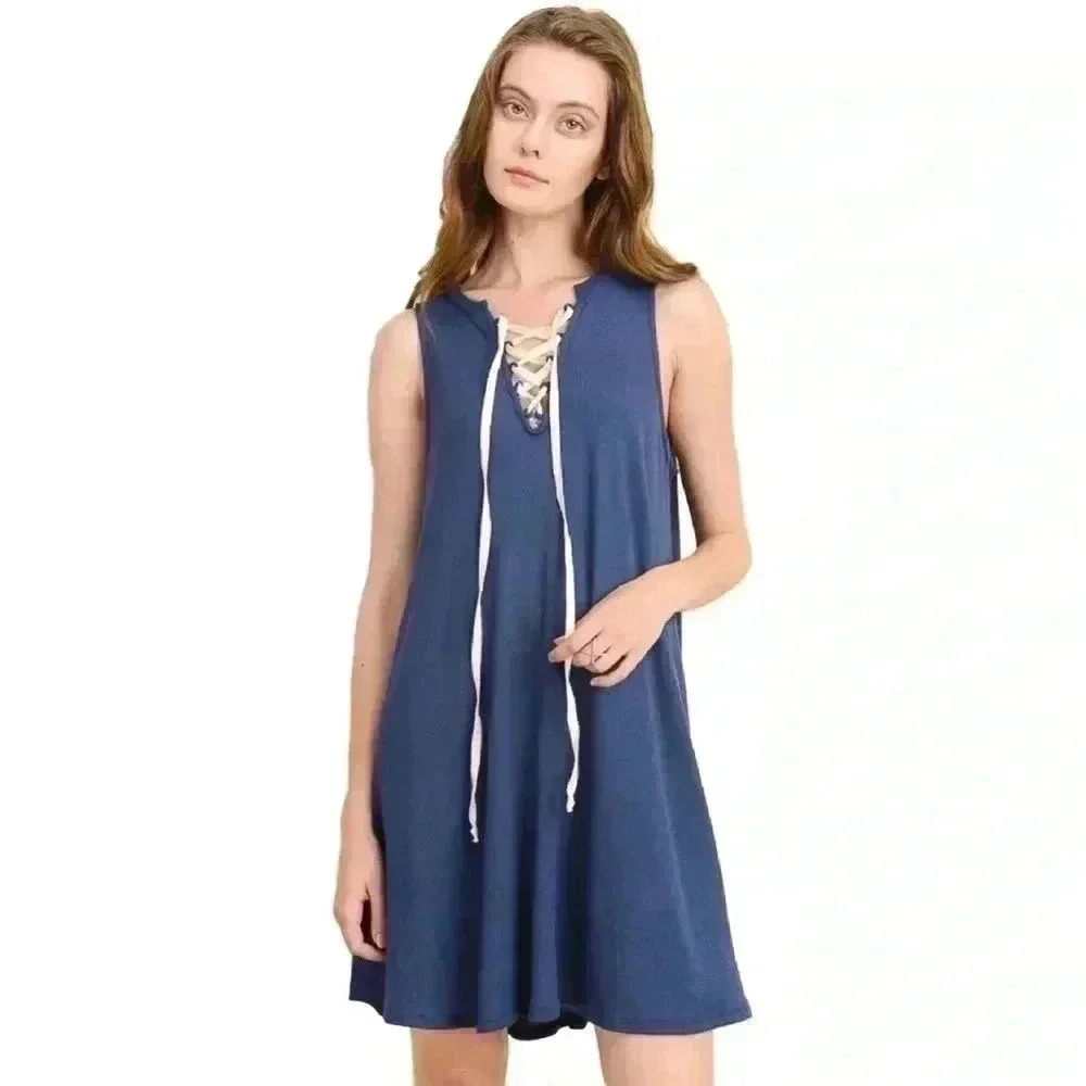 “Lela” Sleeveless Mini Dress w Lace Up Details